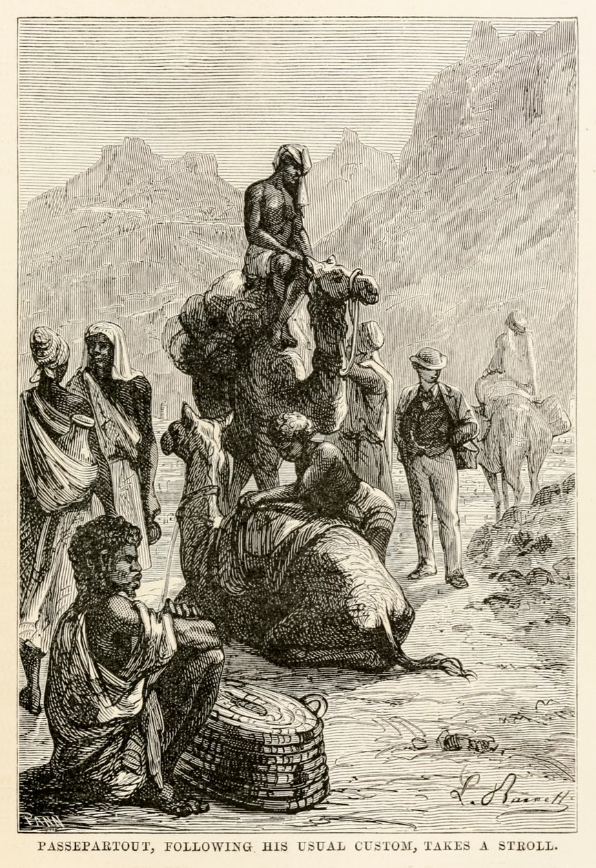 Passepartout tager, efter hans sædvanlige skik, en spadseretur, fra Jorden rundt på firs dage af Jules Verne (1828-1905), indgraveret af Adolphe François Pannemaker (1822-1900), 1873 af Hippolyte Leon after Benett