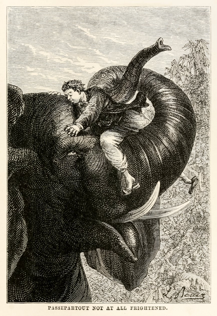 Passepartout slet ikke skræmt, fra Jorden rundt på firs dage af Jules Verne (1828-1905), 1873 af Hippolyte Leon after Benett