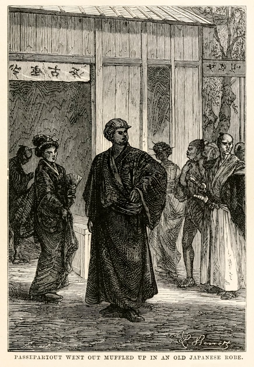 Passepartout gik ud, indhyllet i en gammel japansk kåbe, fra Jorden rundt i 80 dage af Jules Verne (1828-1905), graveret af Louis Prevost, 1873 af Hippolyte Leon after Benett