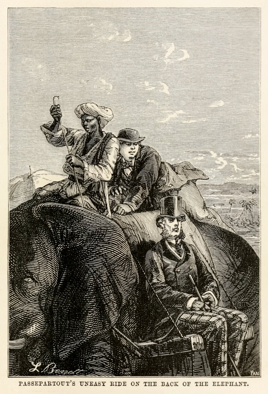 Passepartouts urolige ride på ryggen af elefanten, fra Jorden rundt på firs dage af Jules Verne (1828-1905) indgraveret af Adolphe François Pannemaker (1822-1900) 1873 af Hippolyte Leon after Benett