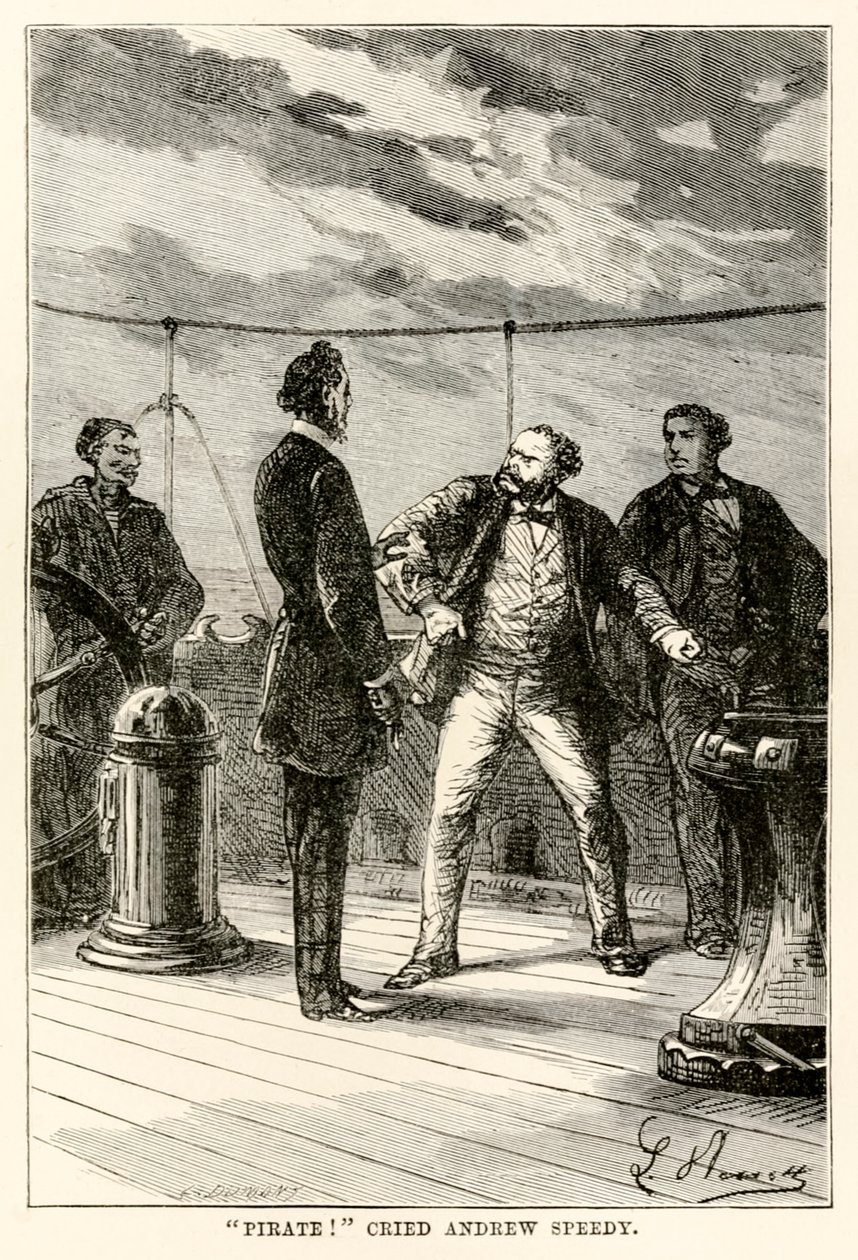 Pirat! råbte Andrew Speedy., from Around the World in Eighty Days af Jules Verne (1828-1905) indgraveret af Louis Dumont (f.1822) 1873 af Hippolyte Leon after Benett