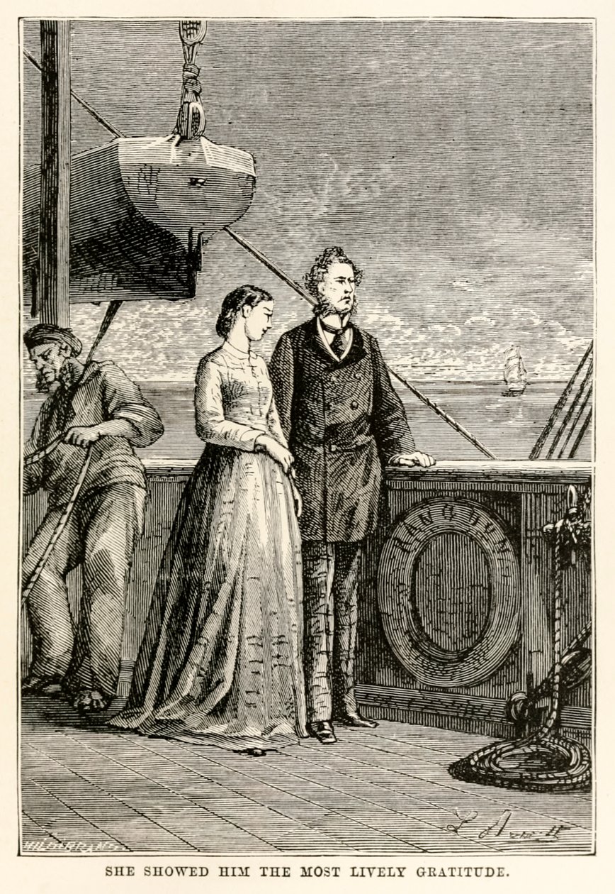 Hun viste ham den mest livlige taknemmelighed, fra Jorden rundt på firs dage af Jules Verne (1828-1905) indgraveret af Henri-Théophile Hildebrand (1824-97), 1873 af Hippolyte Leon after Benett