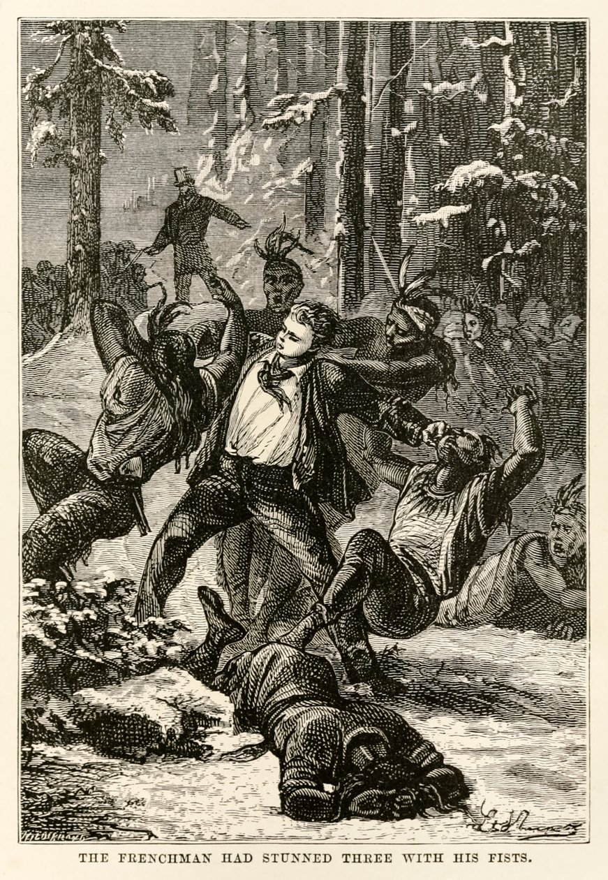 Franskmanden havde bedøvet tre med næverne, fra Jorden rundt på firs dage af Jules Verne (1828-1905) indgraveret af Henri-Théophile Hildebrand (1824-97), 1873 af Hippolyte Leon after Benett