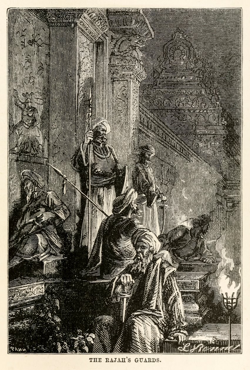 Rajahs vagter, fra Jorden rundt på 80 dage af Jules Verne (1828-1905), graveret af Adolphe François Pannemaker (1822-1900), 1873 af Hippolyte Leon after Benett