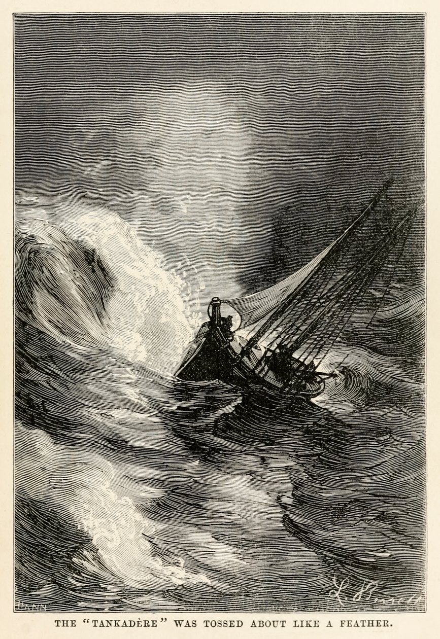 Tankaderen blev slynget rundt som en fjer, fra Jorden rundt på firs dage af Jules Verne (1828-1905) indgraveret af Adolphe François Pannemaker (1822-1900), 1873 af Hippolyte Leon after Benett