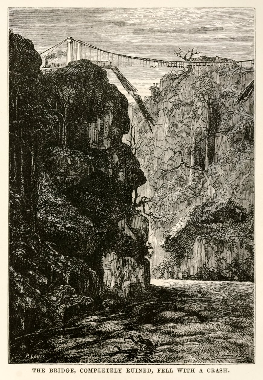 Broen, fuldstændig ødelagt, faldt med et styrt, fra Jorden rundt på firs dage af Jules Verne (1828-1905) indgraveret af Louis, 1873 af Hippolyte Leon after Benett