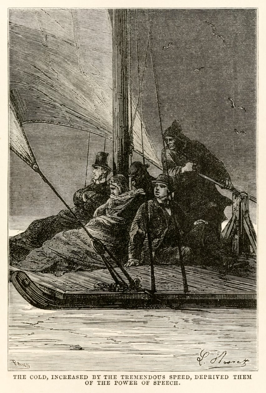 Kulden, øget med den enorme hastighed, fratog dem talens magt, fra Jorden rundt på firs dage af Jules Verne (1828-1905) indgraveret af Adolphe François Pannemaker (1822-1900), af Hippolyte Leon after Benett