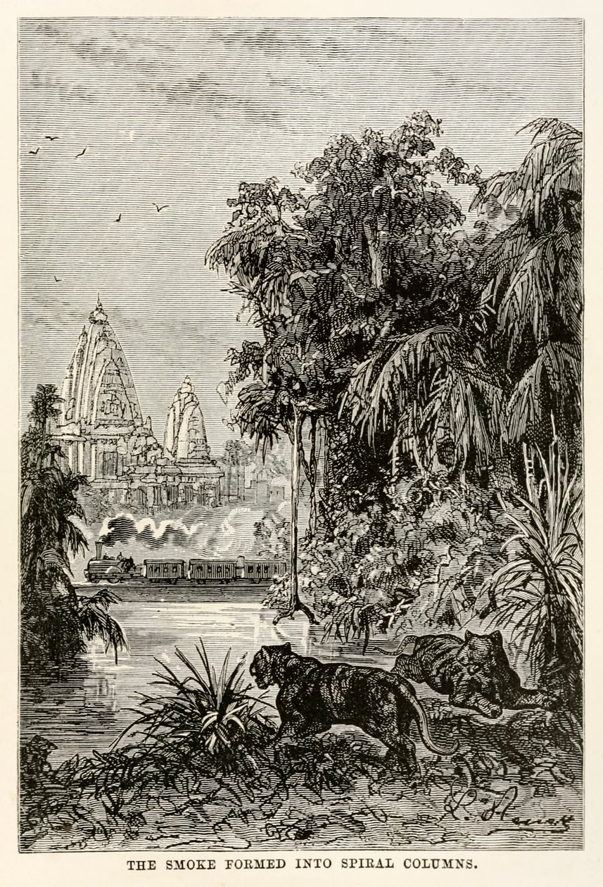 Røgen dannede sig til spiralsøjler, fra Around the World in Eighty Days af Jules Verne (1828-1905), 1873 af Hippolyte Leon after Benett