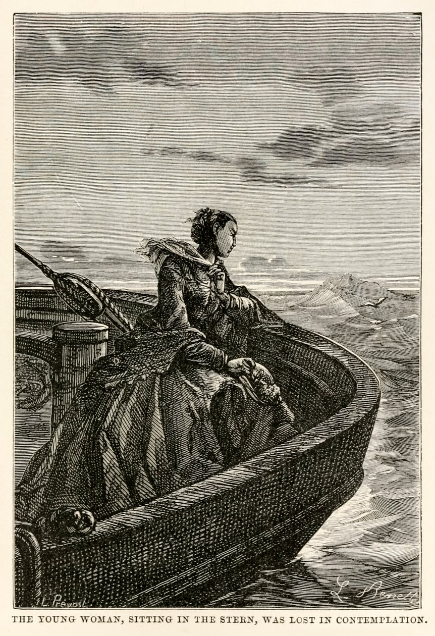 Den unge kvinde, der sad i agterstavnen, gik tabt i kontemplation, fra Jorden rundt på firs dage af Jules Verne (1828-1905), indgraveret af Jean Louis Prevost, (1790-1850), 1873 af Hippolyte Leon after Benett