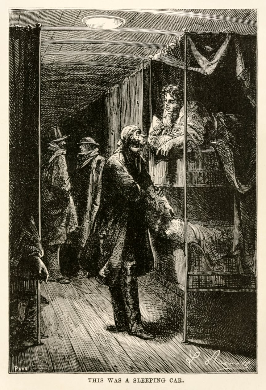 Dette var en sovevogn, fra Jorden rundt i 80 dage af Jules Verne (1828-1905), graveret af Adolphe François Pannemaker (1822-1900), 1873 af Hippolyte Leon after Benett