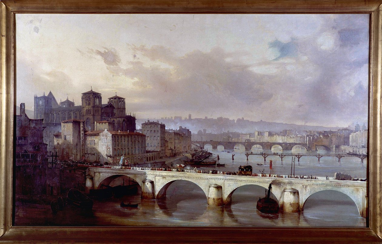 Procession passerer på broen til ærkebispedømmet i Lyon - maleri af Hyppolyte Leymarie, ca. 1835-1840, Gadagne-museet i Lyon. af Hippolyte Leymarie