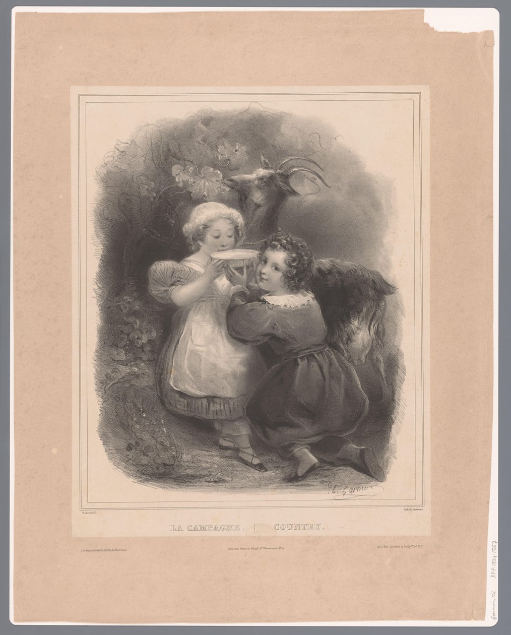 To børn med en ged drikker gedemælk La Campagne / Land (titel på objekt) af Hippolyte Louis Garnier