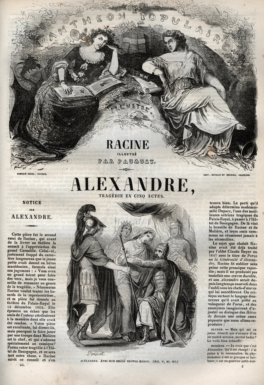 Alexander den Store tragedie i fem akter - indgravering i "" Værker af Jean Racine"" illustreret af Pauquet og opslag af Emile de La Bedolliere - 1851 af Hippolyte Louis Pauquet
