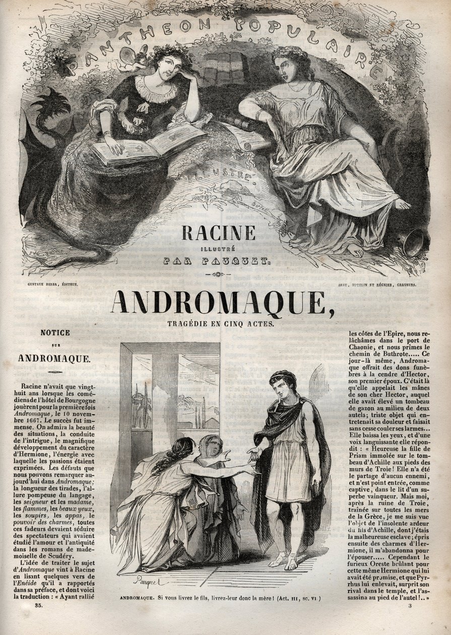 Andromaque tragedie i fem akter - indgravering i "" Oeuvres de Jean Racine"" illustreret af Pauquet og opslag af Emile de La Bedolliere - 1851 af Hippolyte Louis Pauquet