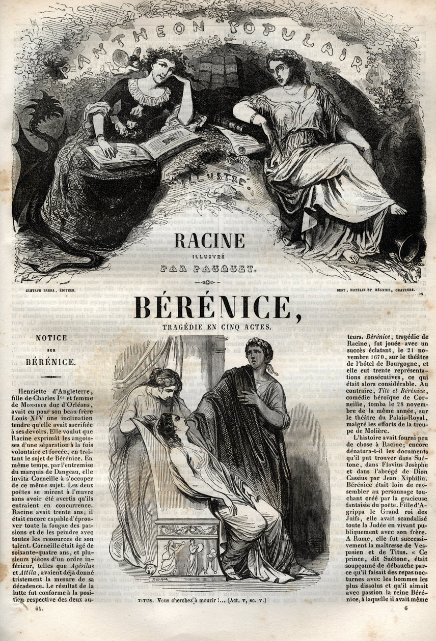 Berenice tragedie i fem akter - indgravering i "" Værker af Jean Racine"" illustreret af Pauquet og opslag af Emile de La Bedolliere - 1851 af Hippolyte Louis Pauquet