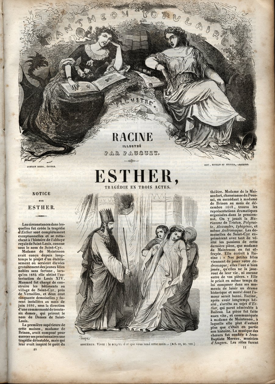 Illustration til "Esther" af Jean Racine - indgravering i "" Works of Jean Racine"" illustreret af Pauquet og opslag af Emile de La Bedolliere - 1851 af Hippolyte Louis Pauquet