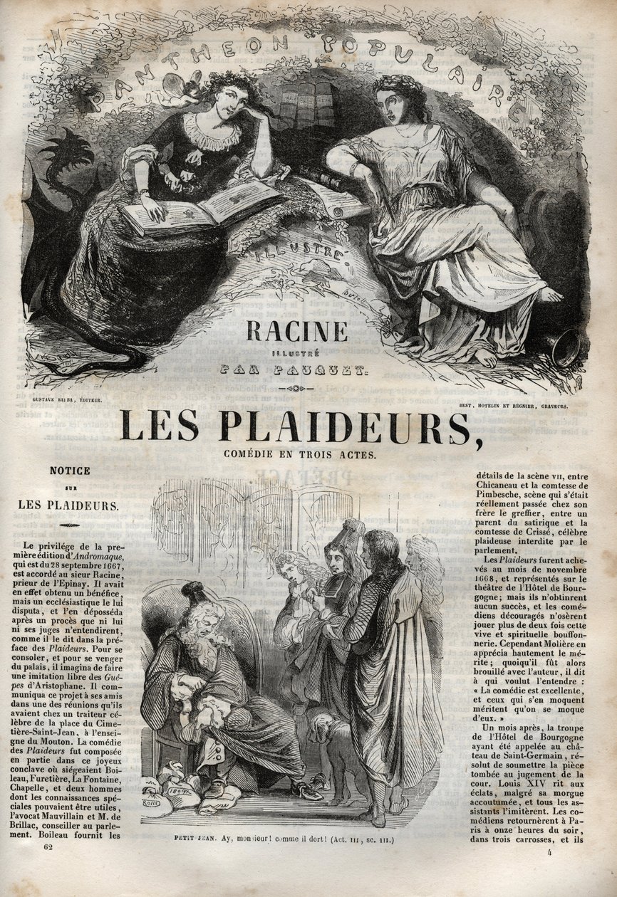 Les Plaideurs (1668) komedie i tre akter - indgravering i "" Værker af Jean Racine"" illustreret af Pauquet og opslag af Emile de La Bedolliere - 1851 af Hippolyte Louis Pauquet