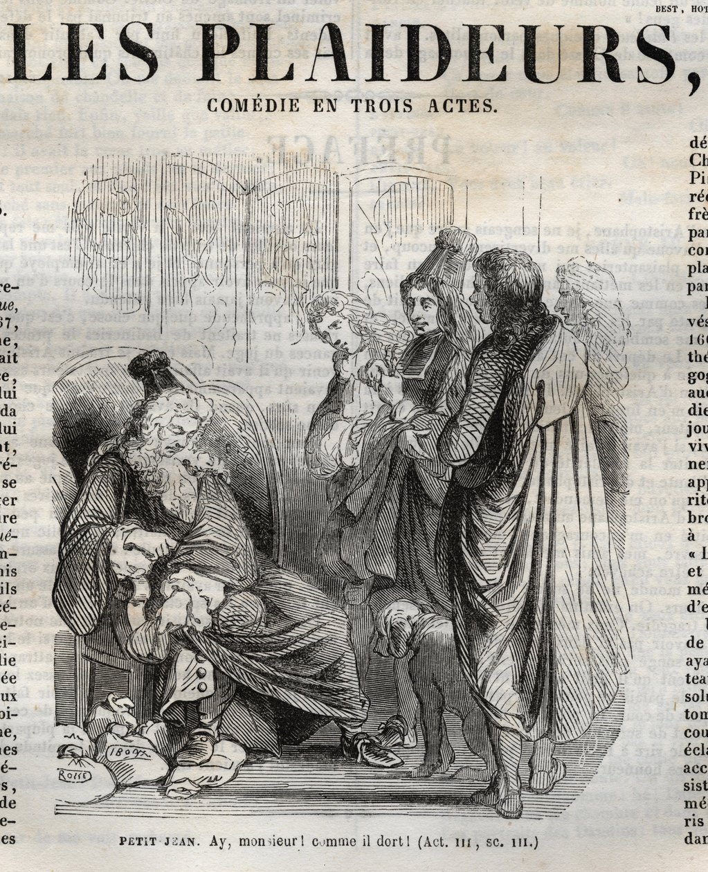 Les Plaideurs (1668) komedie i tre akter - indgravering i "" Værker af Jean Racine"" illustreret af Pauquet og opslag af Emile de La Bedolliere - 1851 af Hippolyte Louis Pauquet