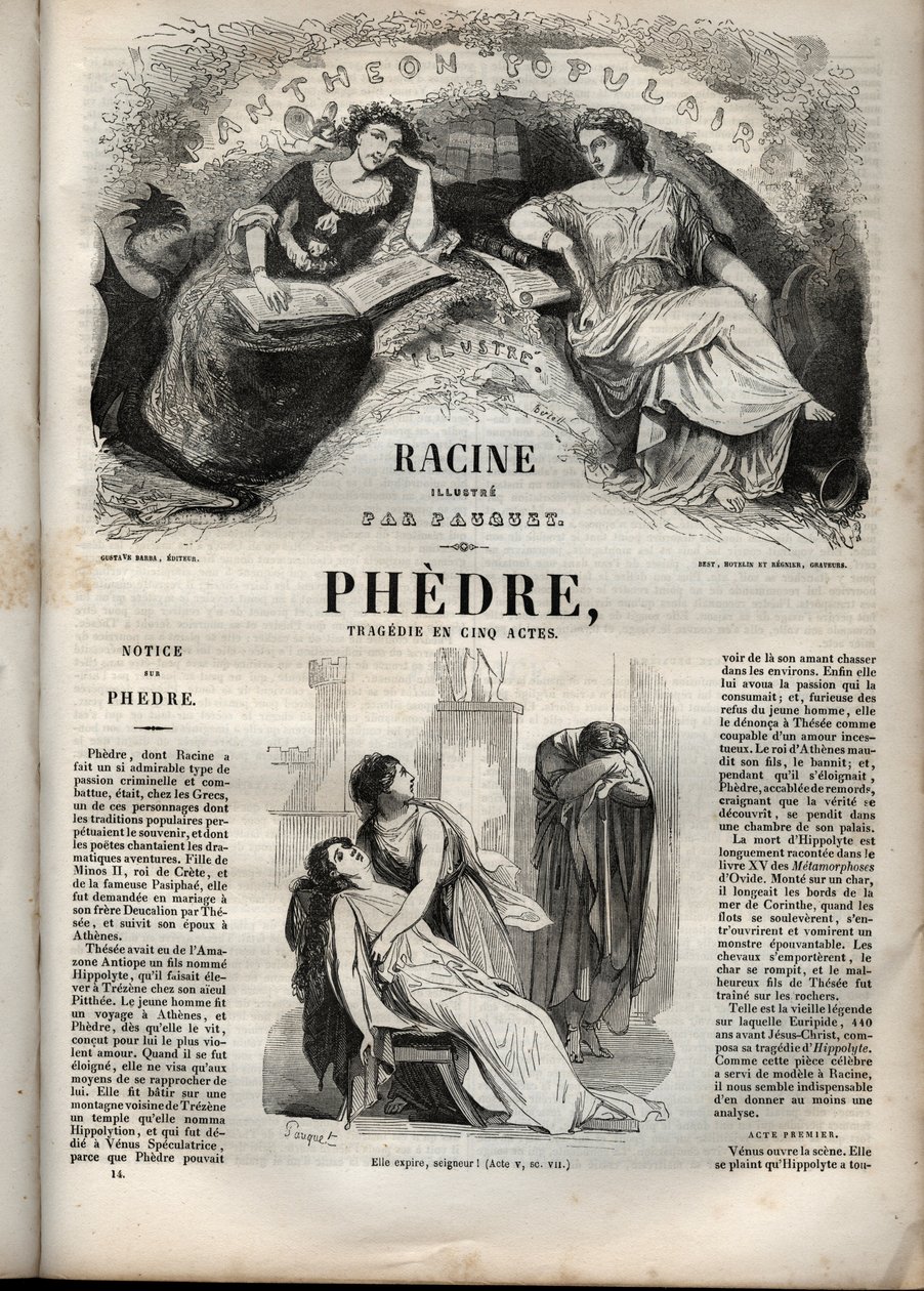 Phedre, af Jean Racine (1639-1699 - indgravering i "" Works of Jean Racine"" illustreret af Pauquet og opslag af Emile de La Bedolliere - 1851 af Hippolyte Louis Pauquet