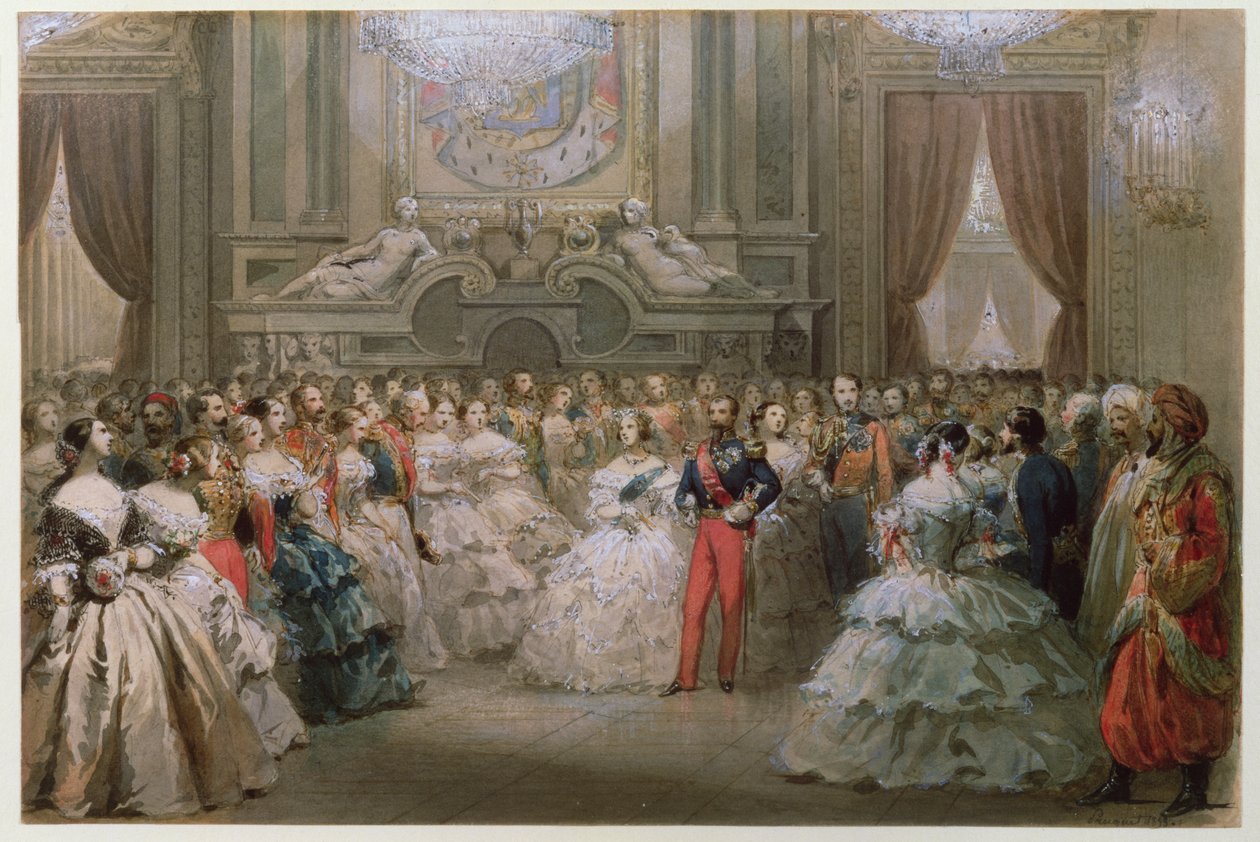 Dronning Victoria (1819-1901) og Prins Albert (1819-61) ved en gallamiddag givet af Napoleon III og Eugenie, 1853 (wc på papir) af Hippolyte Louis Pauquet
