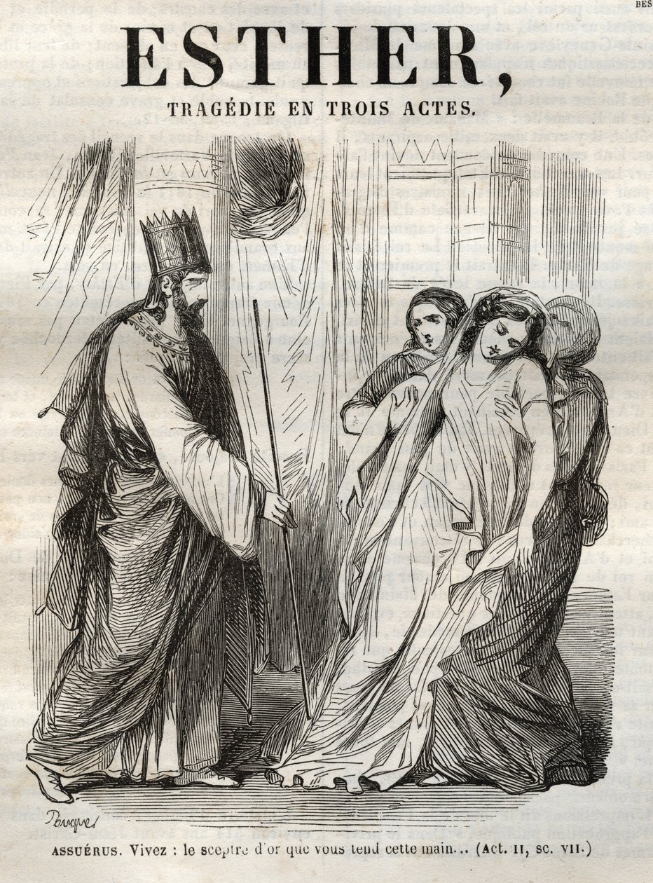 Scene fra Esther, tragedie af Jean Racine (1639Ð1699) - indgravering i "" Works of Jean Racine"" illustreret af Pauquet og opslag af Emile de La Bedolliere - 1851 af Hippolyte Louis Pauquet