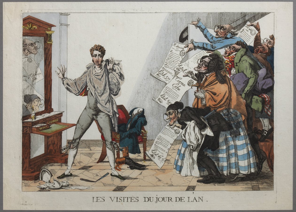 Nytårsbesøgene - (En skare af kreditorer går forbi døren til en ung mands lejlighed og vifter med regninger for det foregående års ekstravagancer. December 1814 Håndfarvet gravering) - De besøgende nytårsdag pa af Hippolyte Pochon