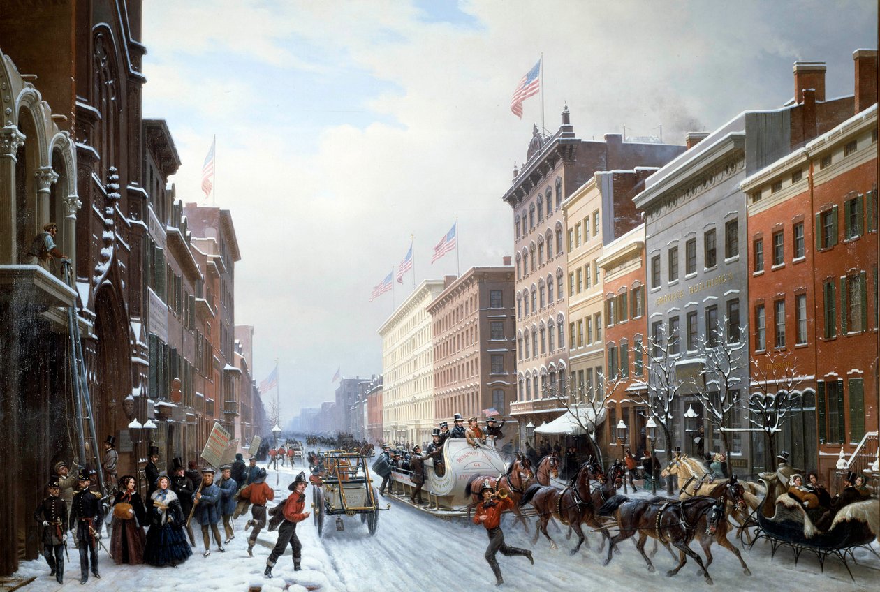En gade fra Manhattan til New York i 1840 Maleri af Hippolyte Victor Valentin Sebron (1801-1879) 1840 Søn. 2,25 X 3,30 m Blerancourt. Musee Franco American - Street på Manhattan, New York af Hippolyte Victor Valentin Sebron