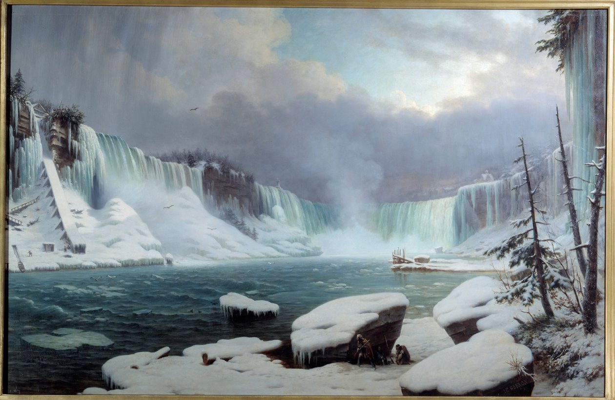 Den store Niagara grå stær, vintereffekt. Udsigt over Niagara Falls. Maleri af Hippolyte Victor Valentin Sebron (1801-1879) af Hippolyte Victor Valentin Sebron
