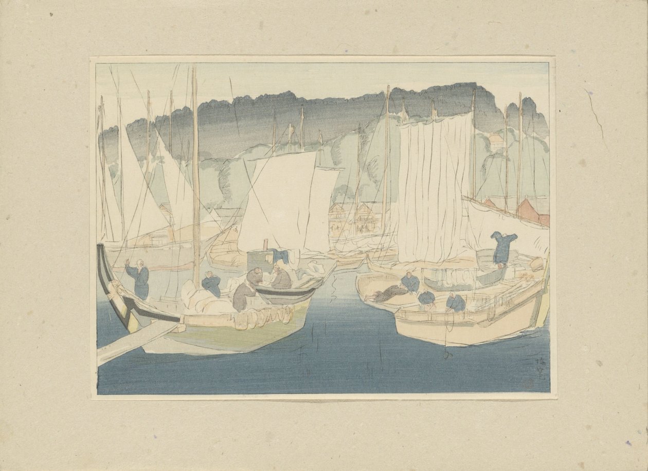 Både i havnen i Shiogama Shiogama (titel på objekt) Del tre, Tôhoku-området (serietitel) Dai sanshû, Tôhoku no bu (serietitel på objekt) Tryk af japanske landskaber (serietitel) Nihon fûkei hanga (serietitel på objekt) af Hirafuku Hyakusui