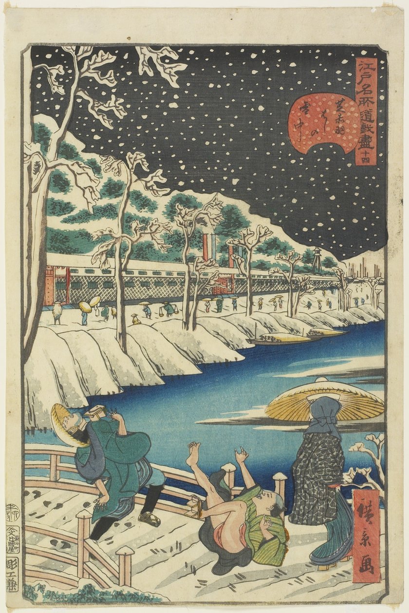 No.14, Akabane Bridge ved Shiba i sne af Hirokage Utagawa