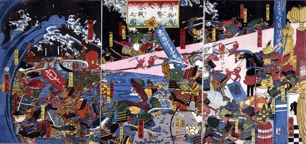 Parodi på en kampscene, der skildrer kampen om grøntsager og fisk af Hirokage Utagawa