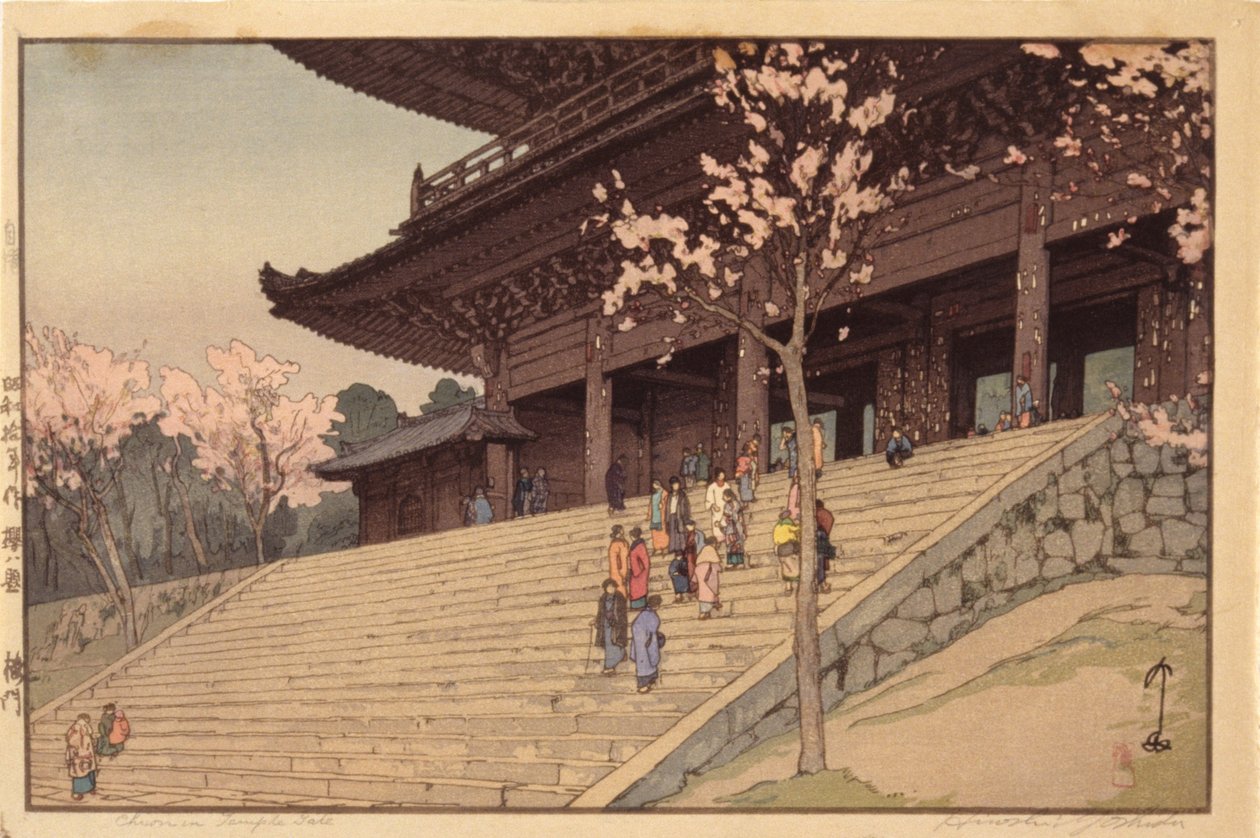 Chionin Temple Gate (træbloktryk i farver) af Hiroshi Yoshida