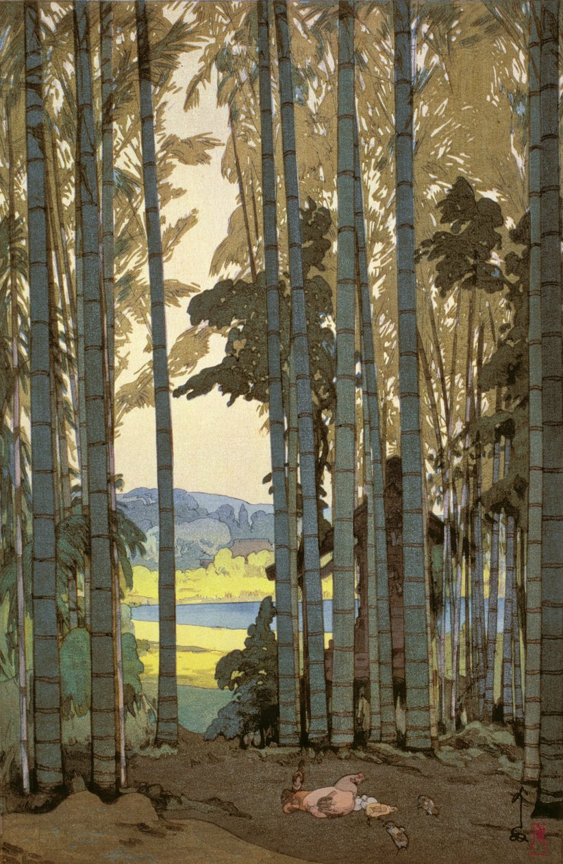 Høns i bambustræ (farvet træbloktryk) af Hiroshi Yoshida