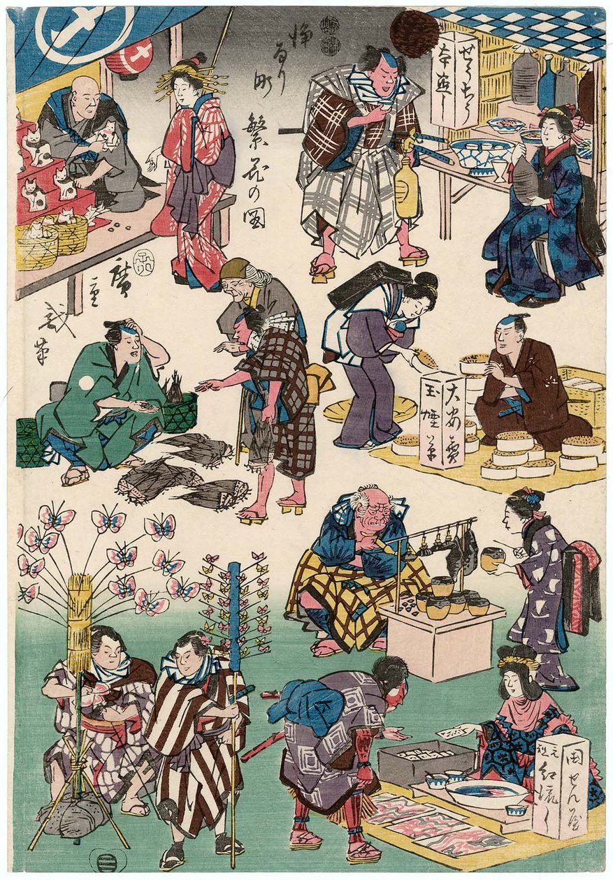 Karakterer fra Plays som købmænd og kunder af Utagawa Hiroshige
