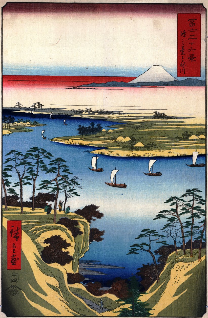 36 Udsigt over Mount Fuji - 11. Wild Goose Hill og Tone River af Utagawa Hiroshige