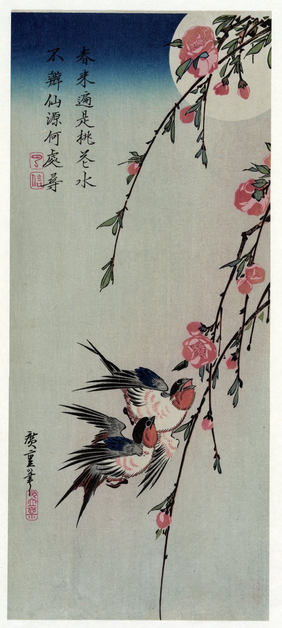 Gekka Momo ni Tsubakura (måne, svaler og ferskenblomster) af Utagawa Hiroshige