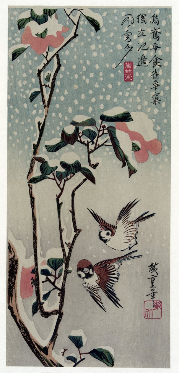 Secchu Tsubaki ni Suzume (spurve og kamelier i sneen) af Utagawa Hiroshige