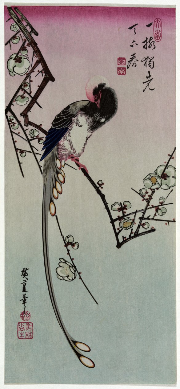 Blomme og langhalet fugl af Utagawa Hiroshige