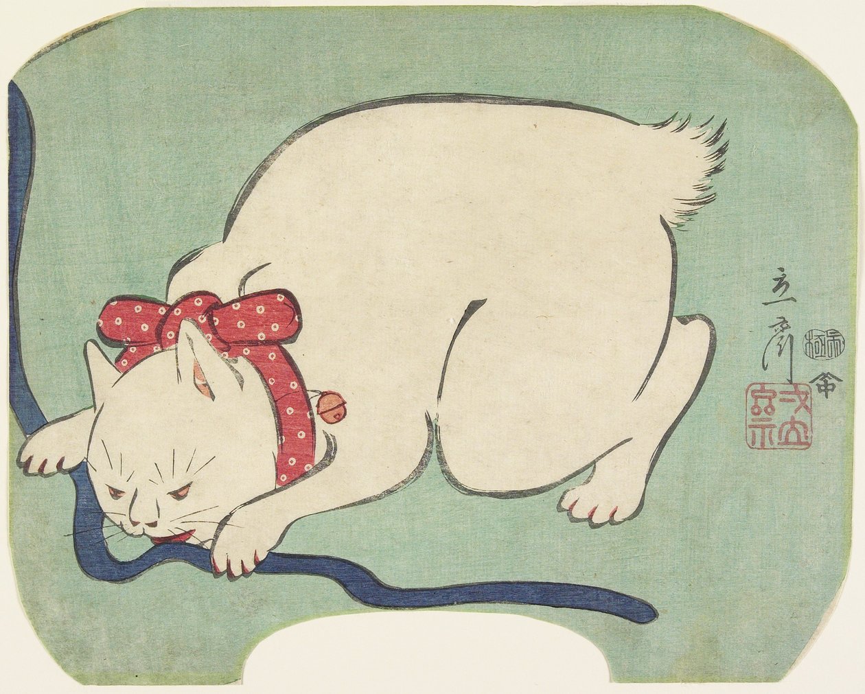 En hvid kat leger med en snor, 1863 af Hiroshige II