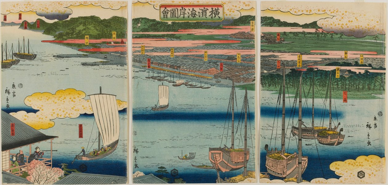 Billede af Yokohamas kyst, Edo-perioden, 1860 (træblok i farver) af Hiroshige II