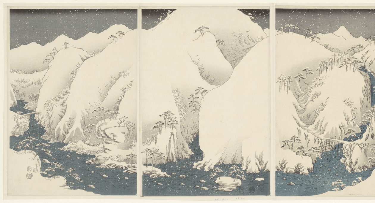 Bjerge og floder langs Kiso-ruten Kisoji no yamakawa (titel på objekt) Sne, måne og blomster (serietitel) Setsugekka (serietitel) af Hiroshige (I) , Utagawa