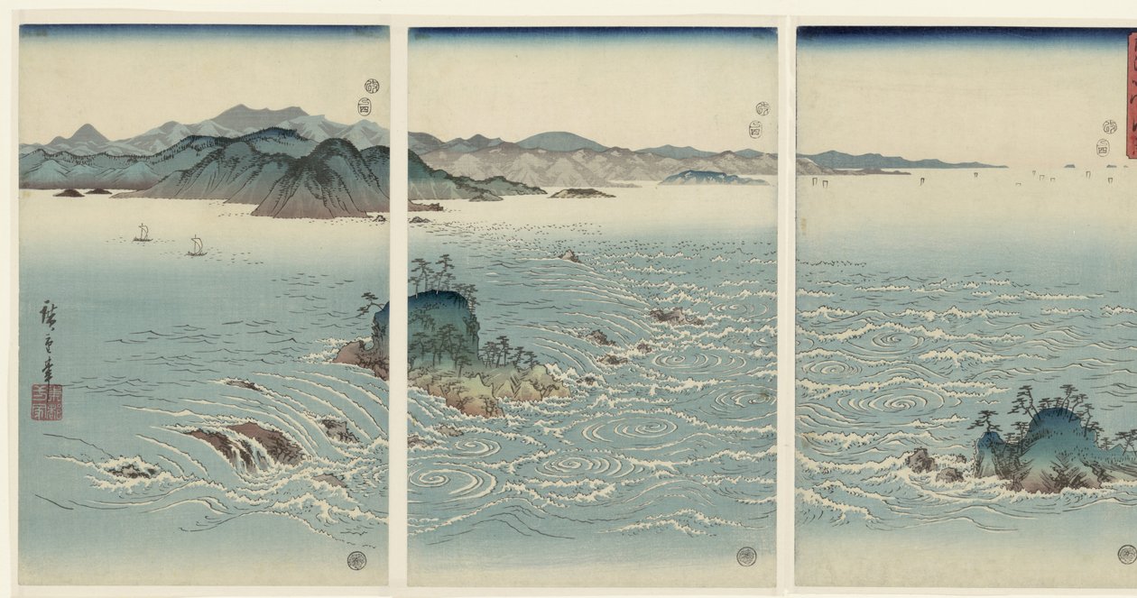 Udsigt over boblebadene ved Naruta i Awa-provinsen Awa Naruto no fukei (titel på objekt) Sne, måne og blomster (serietitel) Setsugekka (serietitel) af Hiroshige (I) , Utagawa