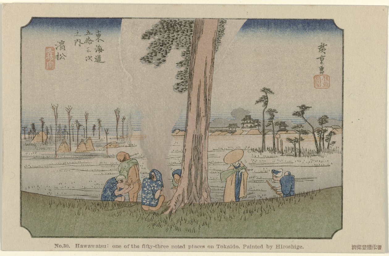 Hamamatsu Nr. 30. Hawawatsu: et af de treoghalvtreds bemærkede steder på Tokaido, malet af Hiroshige De Tôkaidô van Hiroshige (serietitel) Hiroshige no fude Tôkaidô (serietitel på objekt) af Hiroshige (I) , Utagawa
