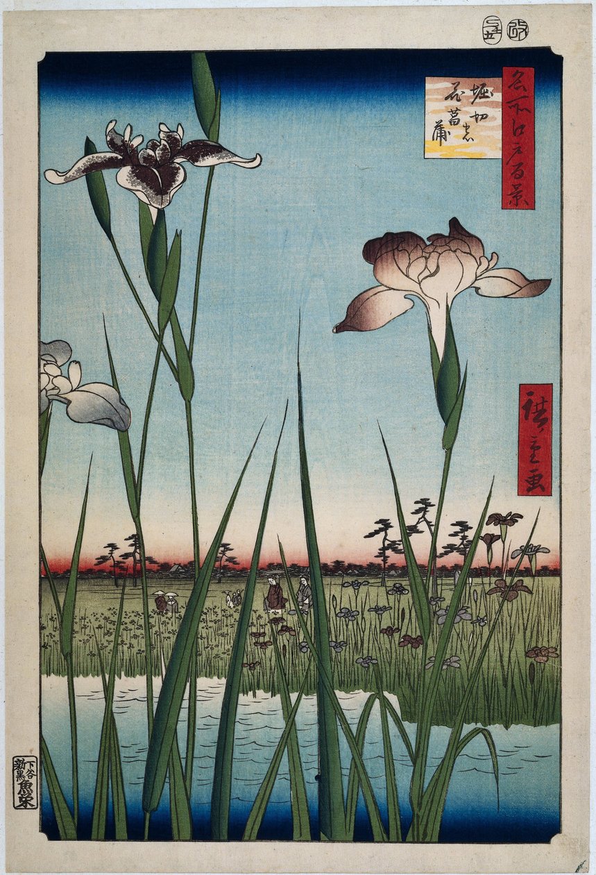 Iris i Horikiric Horikiri no hanashobu (titel på objekt) One Hundred Famous Faces på Edo (serietitel) Meisho Edo hyakkei (serietitel på objekt) af Hiroshige (I) , Utagawa