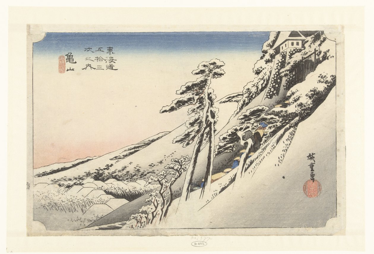 Kameyama, en opklaring på snevejr Kamayama, Yukibare (titel på objekt) De 53 stations van de Tokaido (serietitel) Tokaido gojusan tsugi no uchi (serietitel på objekt) af Hiroshige (I) , Utagawa