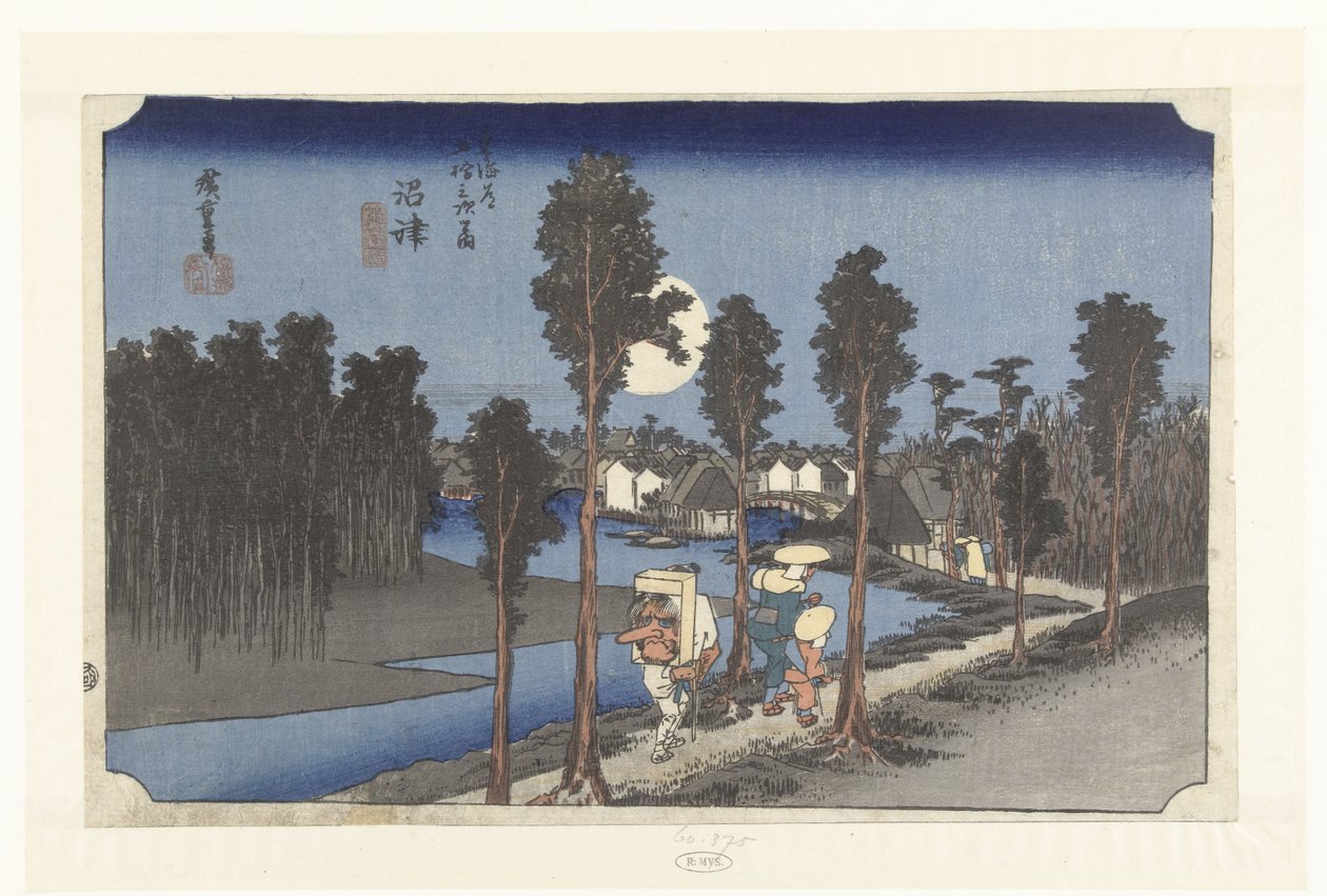 Numazu in de avondschemering Numazu tasogare no zu (titel på objekt) De 53 stations van de Tokaido (serietitel) Tokaido gojusan tsugi no uchi (serietitel på objekt) af Hiroshige (I) , Utagawa