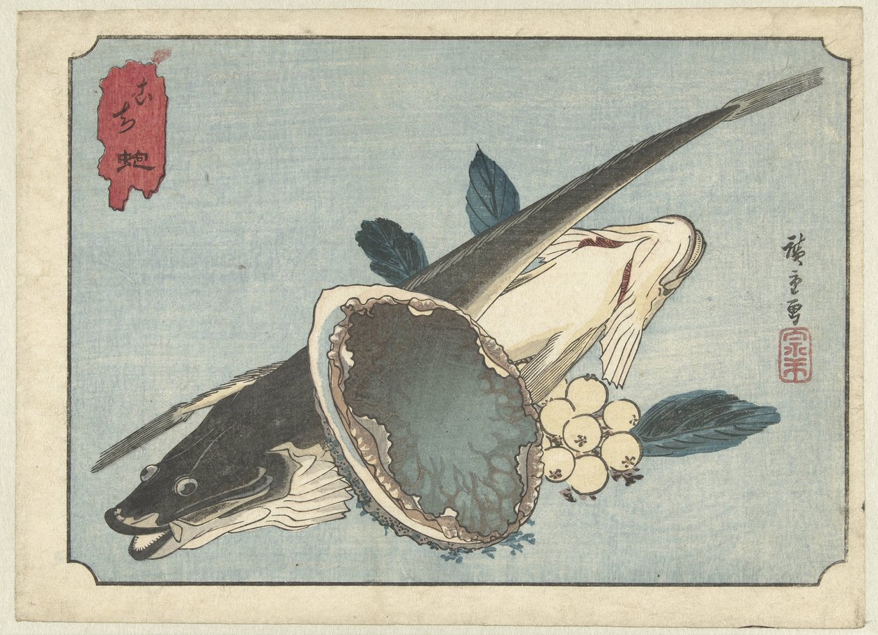 Fladfisk, abalone og bær Kochi awabi (titel på objekt) af Hiroshige (I) , Utagawa