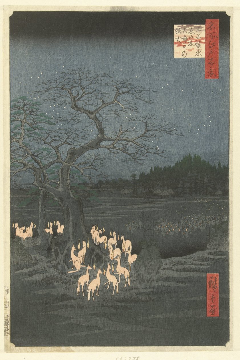 Foxfires nytårsaften ved Shozoku-nældetræet i Oji Oji Shozoku enoki omisoka no kitsunebi (titel på objekt) One Hundred Famous Faces på Edo (serietitel) Meisho Edo hyakkei (serietitel på objekt) af Hiroshige (I) , Utagawa
