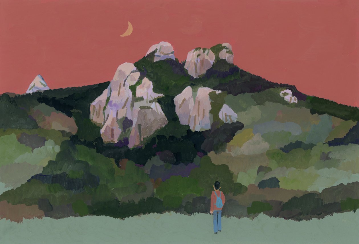 Mand med rygsæk rejser i bjergene, 2015 (gouache på papir) af Hiroyuki Izutsu