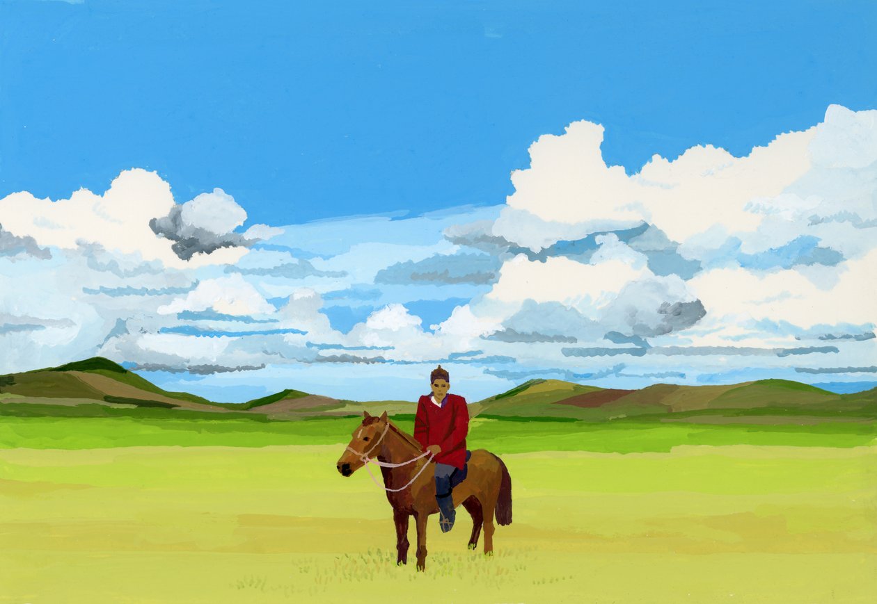 Mongolske stepper og folk, der rider på heste, 2015 (Gouache på papir) af Hiroyuki Izutsu